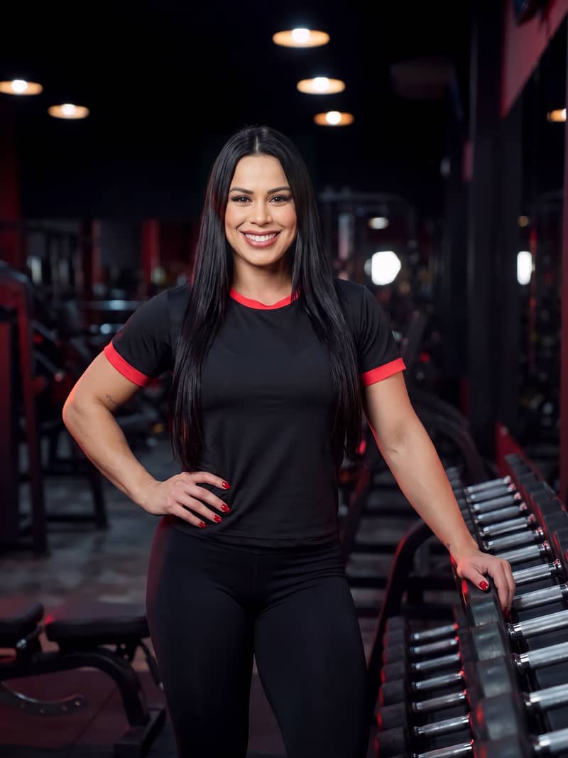 Jéssica Felipe sorrindo em uma academia, com uma mão na cintura